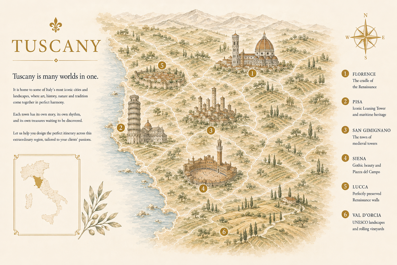 Illustrated map of Tuscany showing Florence, Pisa, San Gimignano, Siena, Lucca, Val d'Orcia - Intertravel DMC