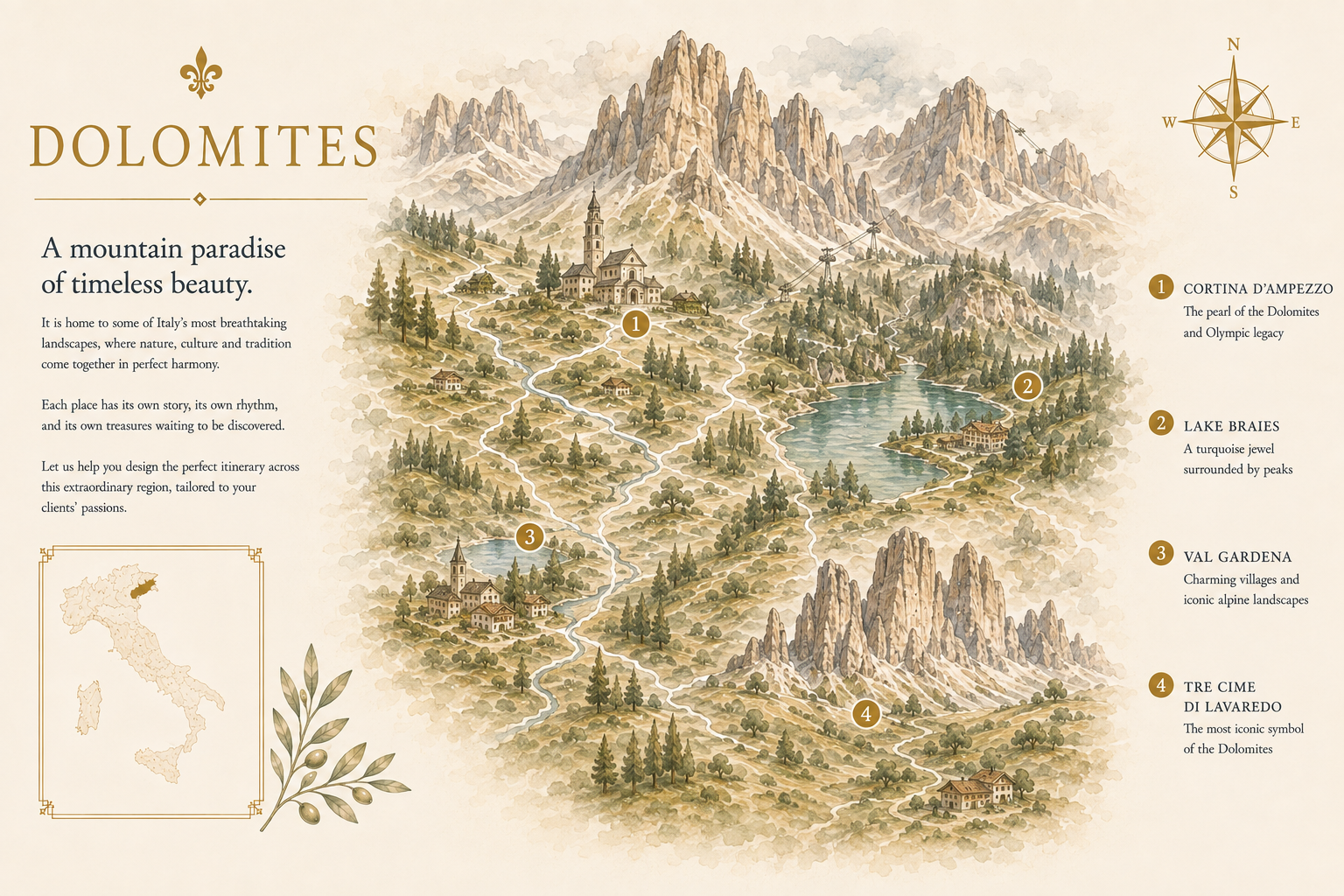 Illustrated map of The Dolomites showing Cortina d'Ampezzo, Lake Braies, Val Gardena, Tre Cime di Lavaredo - Intertravel DMC