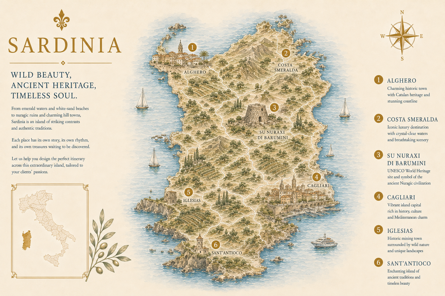 Illustrated map of Sardinia showing Alghero, Costa Smeralda, Su Nuraxi di Barumini, Cagliari, Iglesias, Sant'Antioco - Intertravel DMC