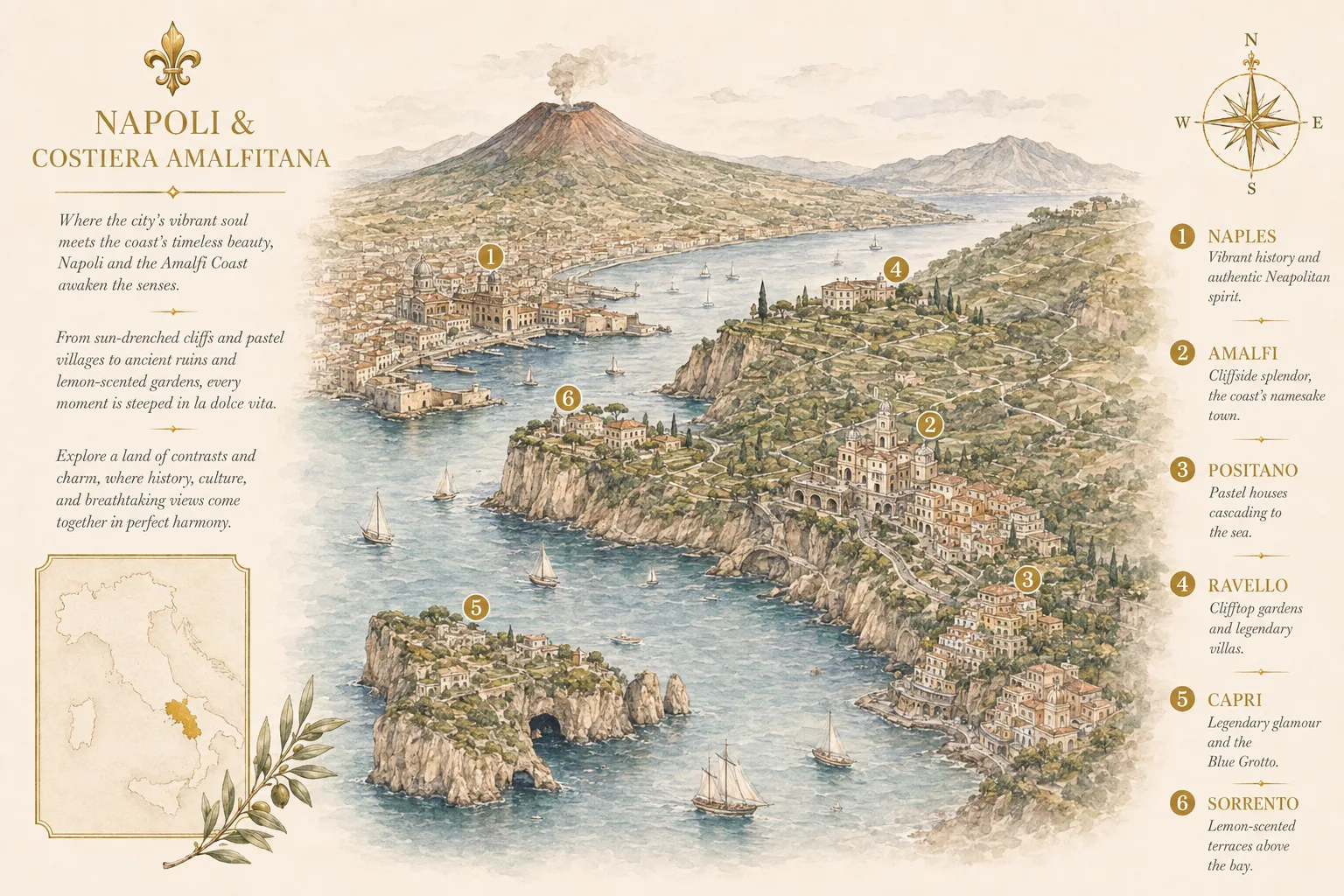 Illustrated map of Naples & the Amalfi Coast showing Naples, Amalfi, Positano, Ravello, Capri, Sorrento - Intertravel DMC