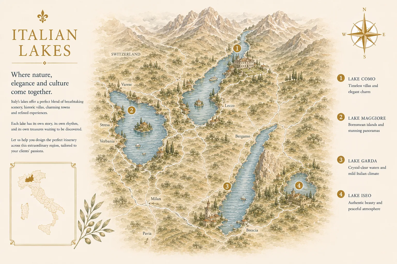 Illustrated map of the Italian Lakes showing Lake Como, Lake Garda, Lake Maggiore, Lake Orta - Intertravel DMC