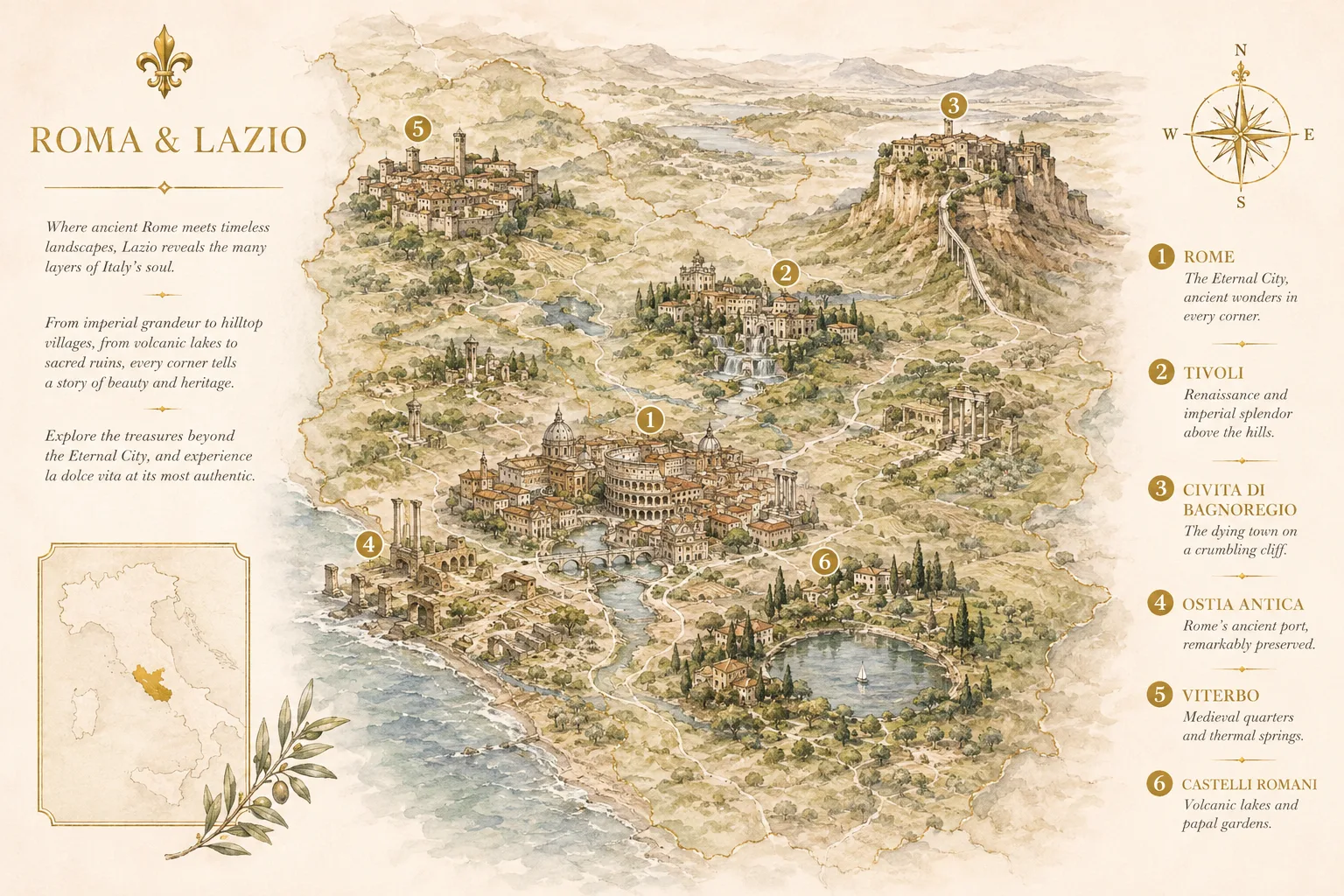 Illustrated map of Rome & Lazio showing Rome, Tivoli, Civita di Bagnoregio, Ostia Antica, Viterbo, Castelli Romani - Intertravel DMC