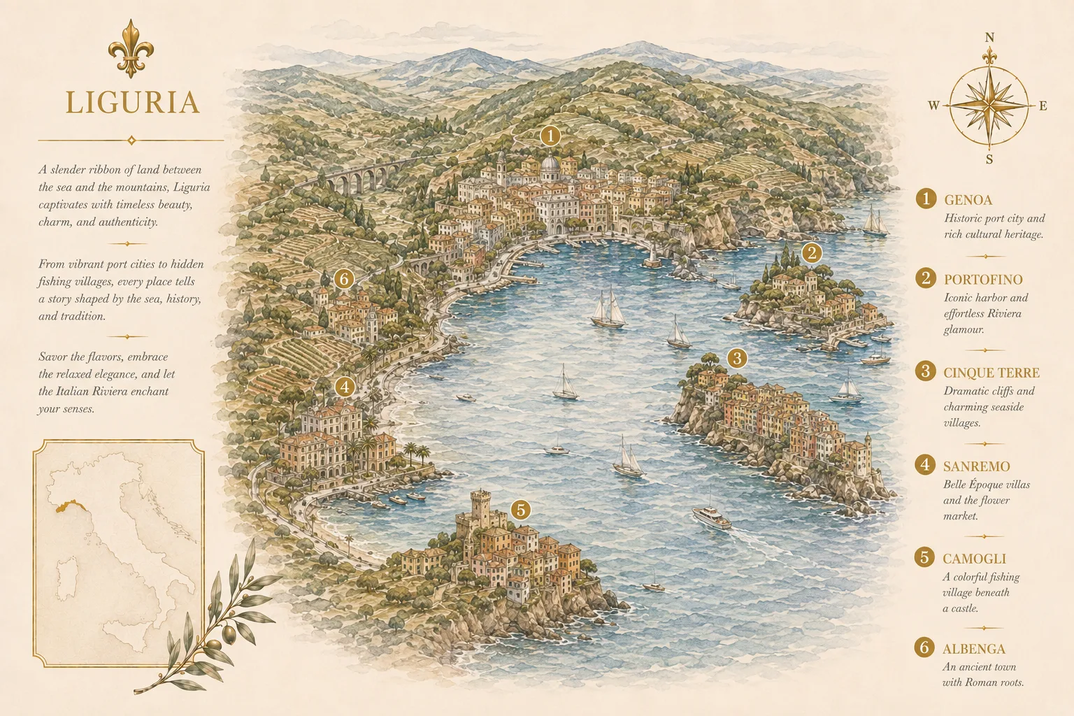 Illustrated map of Liguria showing Genoa, Portofino, Cinque Terre, Sanremo, Camogli, Albenga - Intertravel DMC