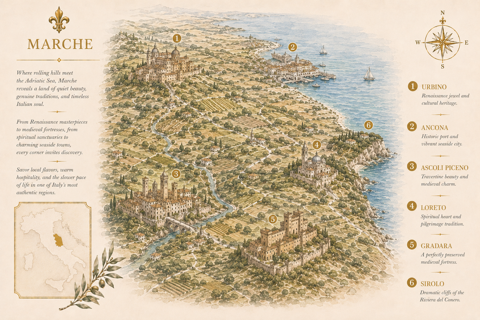Illustrated map of Marche showing Urbino, Ancona, Ascoli Piceno, Loreto, Gradara, Sirolo - Intertravel DMC