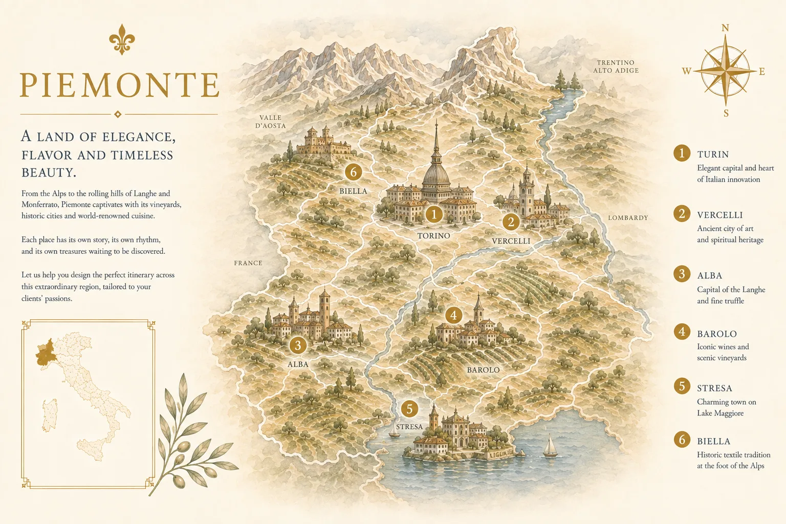 Illustrated map of Piedmont showing Turin, Vercelli, Alba, Barolo, Stresa, Biella - Intertravel DMC