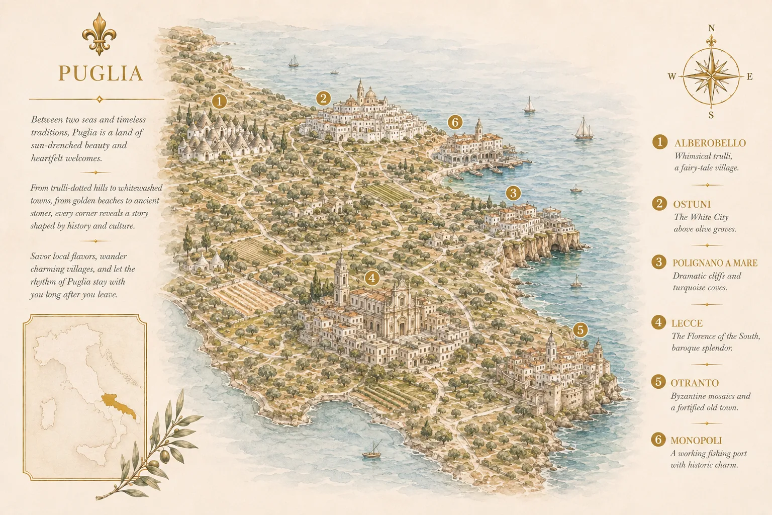 Illustrated map of Puglia showing Alberobello, Ostuni, Polignano a Mare, Lecce, Otranto, Monopoli - Intertravel DMC