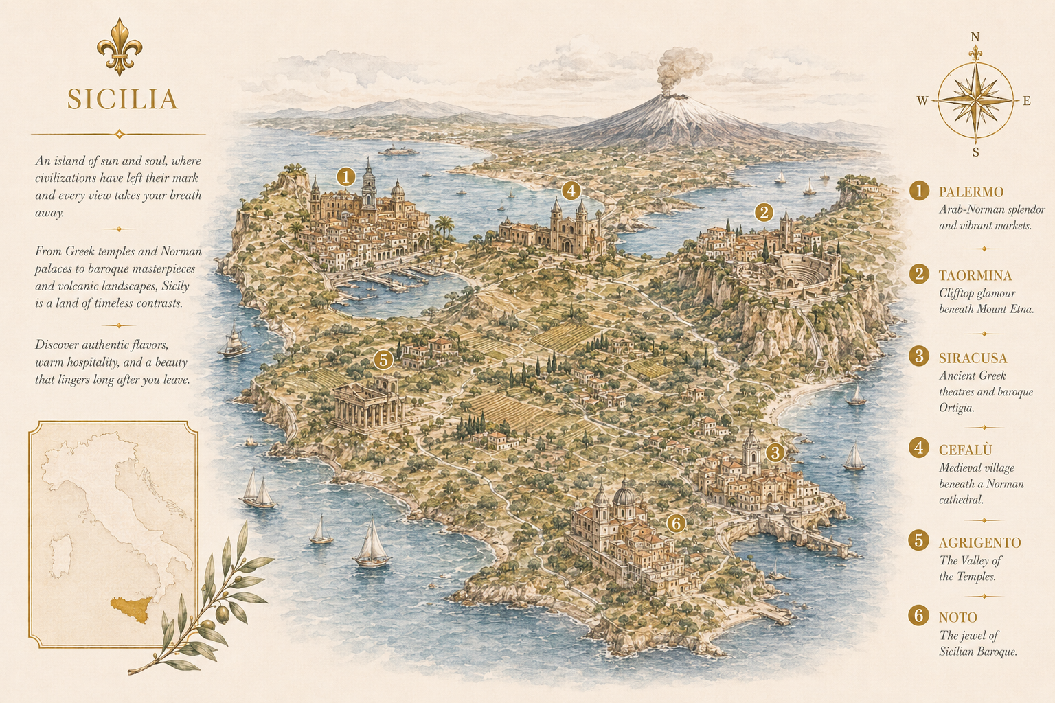 Illustrated map of Sicily showing Palermo, Taormina, Syracuse, Cefalù, Agrigento, Noto - Intertravel DMC