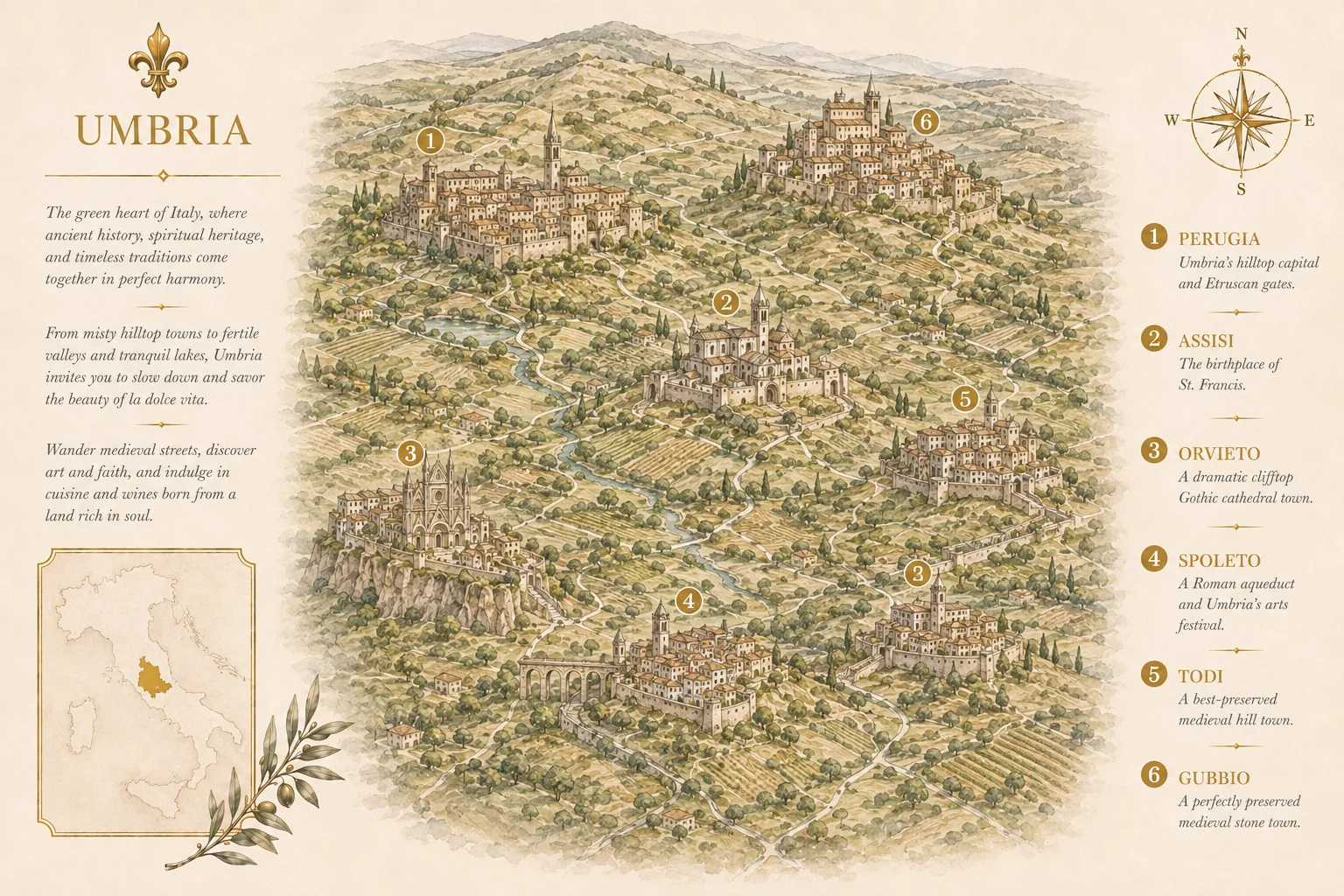 Illustrated map of Umbria showing Perugia, Assisi, Orvieto, Spoleto, Todi, Gubbio - Intertravel DMC