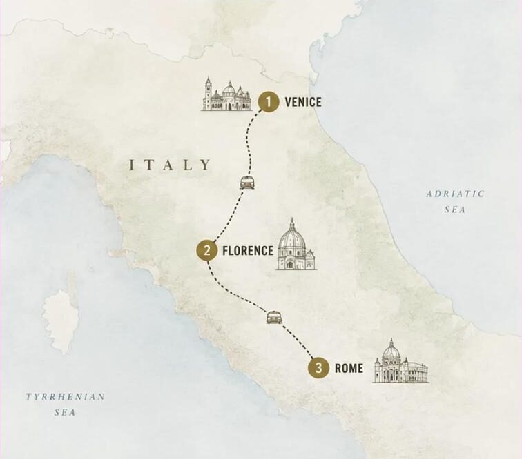 Mappa illustrata del tour: Venezia, Firenze, Roma