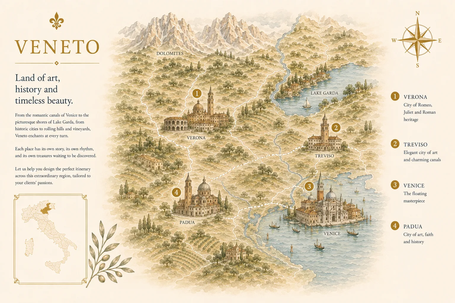 Illustrated map of Veneto & Venice showing Verona, Treviso, Venezia, Padua - Intertravel DMC
